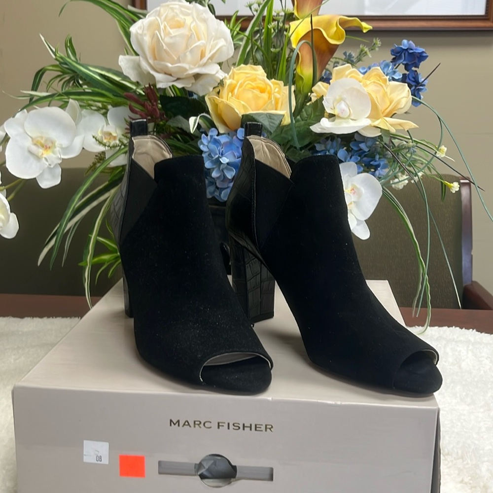 New pair of black multi suede and leather boots by Marc Fisher